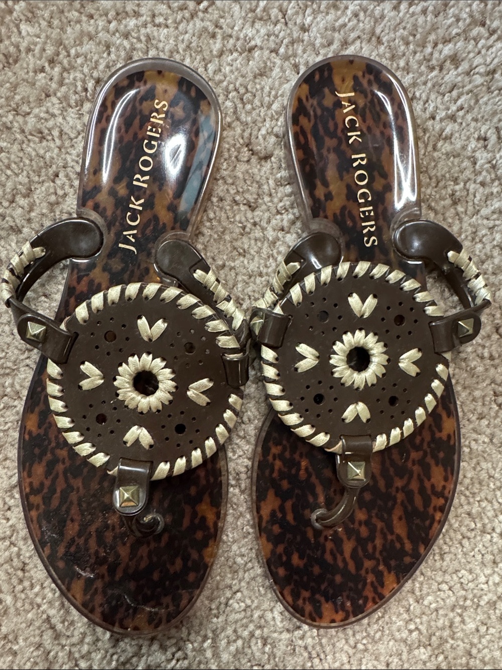 Jack Rogers Brown Leather Braided Medallion Sandals - Brown/Beige Leopard Insole